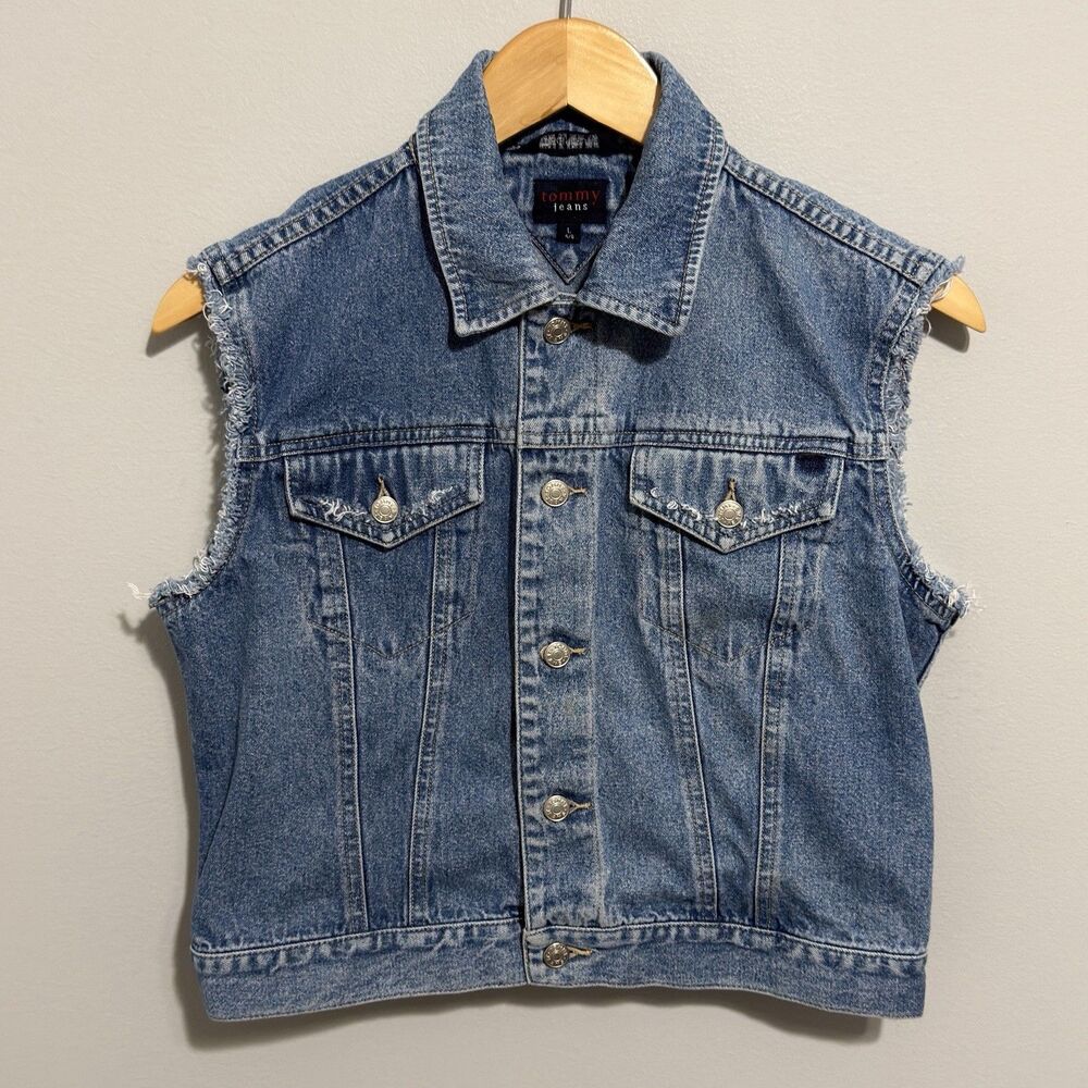 Vintage Tommy Jeans Women's L Denim Vest Biker Blue Button Front Distressed
